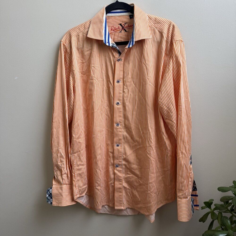 Robert Graham Men’s Long Sleeve Button Down Shirt Large Orange White Striped